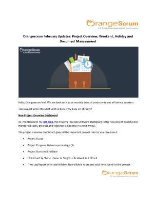 Orangescrum February Updates: Project Overview, Weekend, Holiday and Document Management