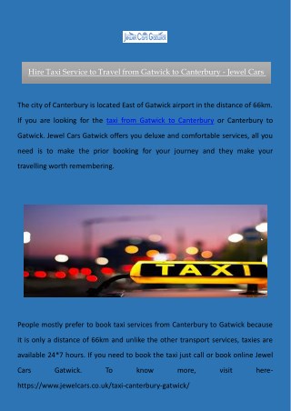 Hire Taxi Service to Travel from Gatwick to Canterbury - Jewel Cars Gatwick