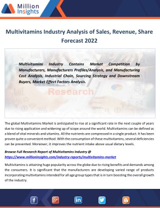 Multivitamins Market Strategies,Growth Margin, Value to 2022