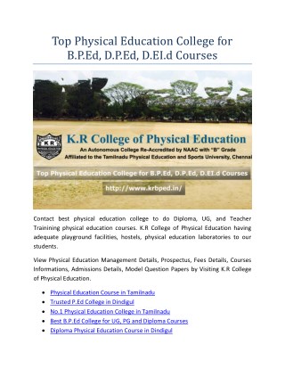 Top Physical Education College for B.P.Ed, D.P.Ed, D.EI.Ed Courses