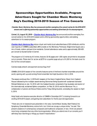 Sponsorships Opportunities Available, Program Advertisers Sought for Chamber Music Monterey Bayâ€™s Exciting 2018-2019 S