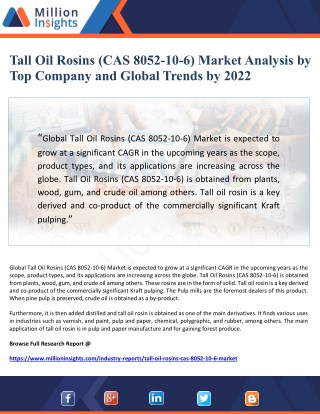 Tall Oil Rosins (CAS 8052-10-6) Market Analysis by Top Company and Global Trends by 2022