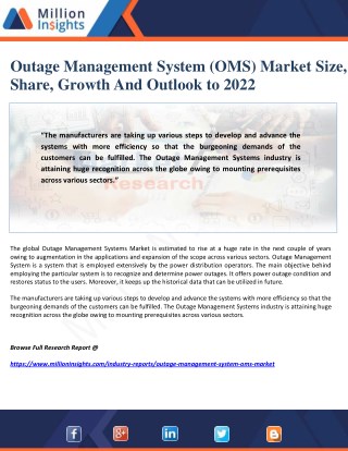 Outage Management System (OMS) Market Size, Share, Growth And Outlook to 2022