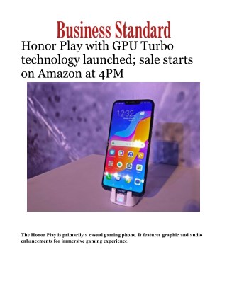 Honor Play with GPU Turbo technology launched; sale starts on Amazon at 4PMÂ 