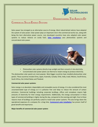 Understanding The Aspects Of Commercial Solar Energy Systems - Solar Technologies