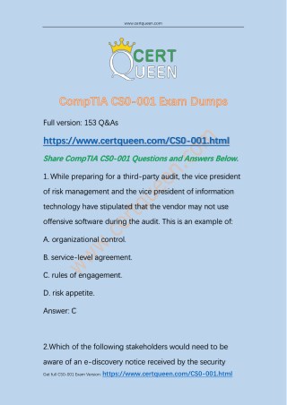 2018 CertQueen CompTIA CySA CS0-001 Exam Dumps