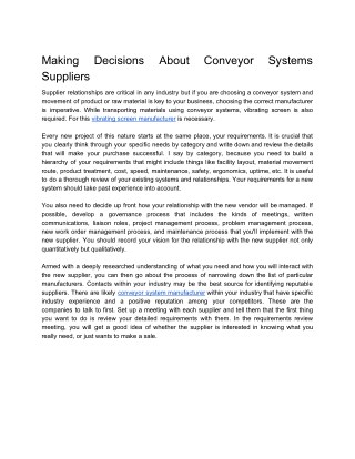 Making Decisions About Conveyor Systems Suppliers