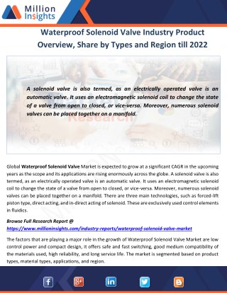 Waterproof Solenoid Valve Market Outlook, End Users Analysis and Share by Type to 2022