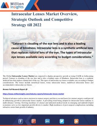 Intraocular Lenses Market Overview, Strategic Outlook and Competitive Strategy till 2022