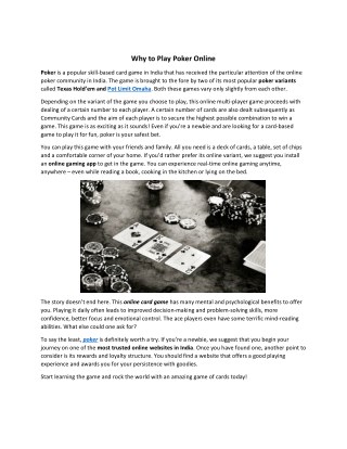 Why to Play Poker Online