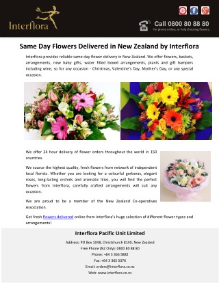 Same Day Flowers Delivered in New Zealand by Interflora