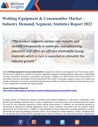 Welding Equipment & Consumables MarketÂ Research Report with Growth, Latest Trends & Forecasts till 2022