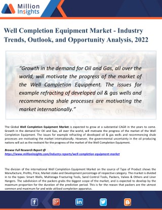 Well Completion Equipment Market Analysis, Manufacturing Cost Structure, Growth Opportunities and Restraint 2022