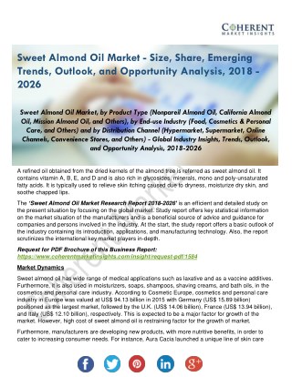 Sweet Almond Oil Market Analysis by Current Market Scenario and Future Prospects 2018-2026