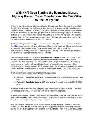 With NHAI Soon Starting the Bengaluru-Mysuru Highway Project, Travel Time between the Two Cities to Reduce By Half