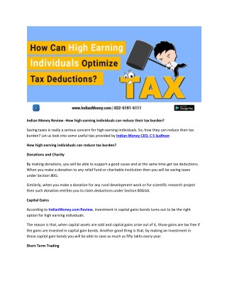 Indian Money Review -How high earning individuals can reduce their tax burden?