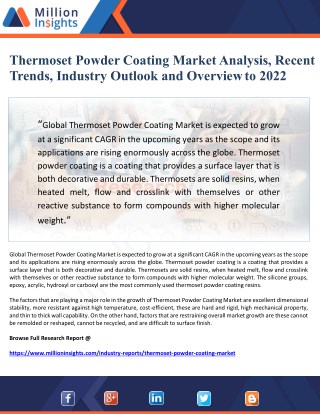 Thermoset Powder Coating Market Analysis, Recent Trends, Industry Outlook and Overview to 2022