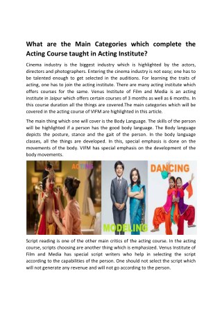 What are the Main Categories which complete the Acting Course taught in Acting Institute?