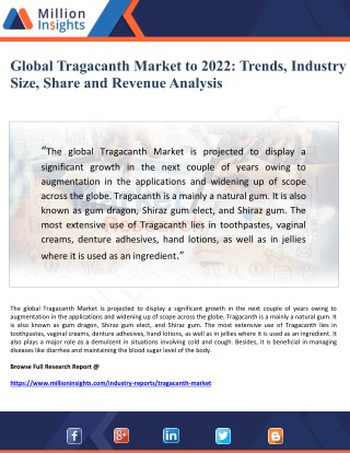 Global Tragacanth Market Trends, Industry Size, Share and Revenue Analysis by 2022