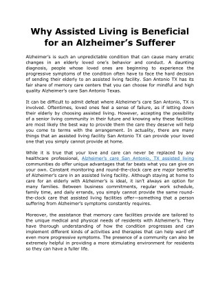 Why Assisted Living is Beneficial for an Alzheimerâ€™s Sufferer