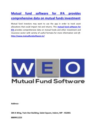 Mutual fund software for IFA provides comprehensive data on mutual funds investment