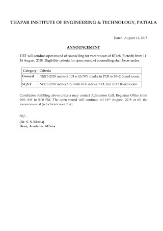Announcement - Thapar Institute OF Engineering And Technology