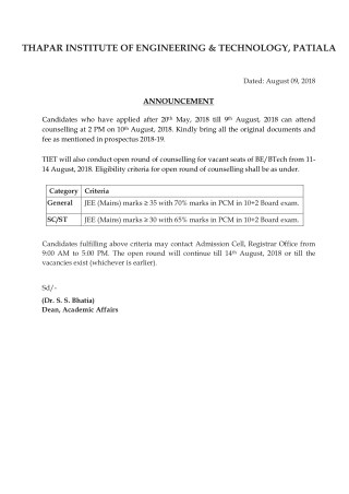 Thapar Institute OF Engineering And Technology - BE/Btech Admission Announcement
