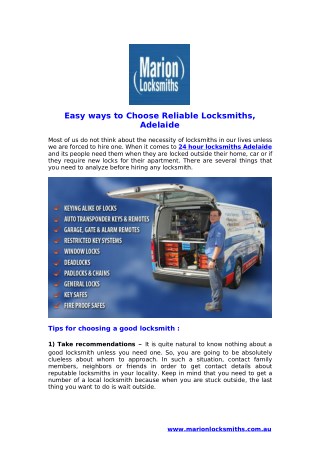 Easy ways to Choose Reliable Locksmiths Adelaide | Marion Locksmiths
