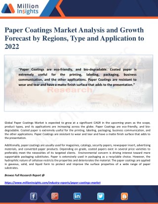 Paper Coatings Market Analysis and Growth Forecast by Regions, Type and Application to 2022