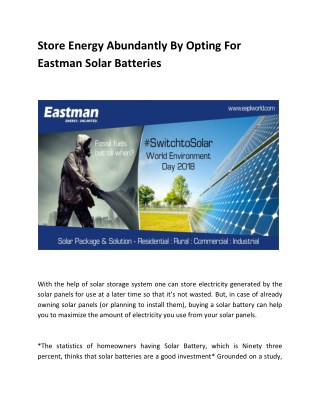 Store Energy Abundantly By Opting For Eastman Solar Batteries
