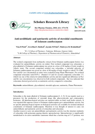 Anti-urolithiatic and natriuretic activity of steroidal constituents of Solanum xanthocarpum