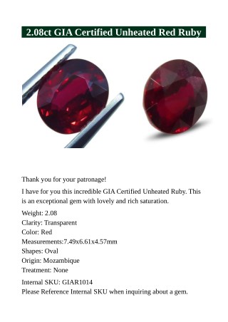 2.08ct GIA Certified Unheated Red Ruby