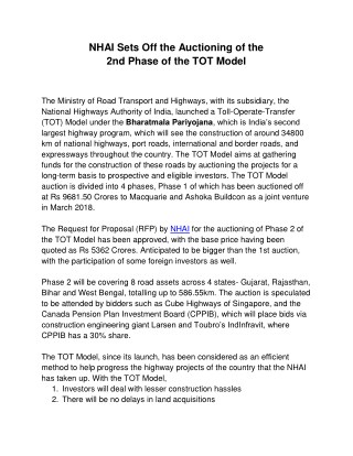 NHAI Sets Off the Auctioning of the 2nd Phase of the TOT Model