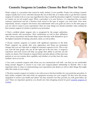 Cosmetic Surgeons in London: Choose the Best One for You