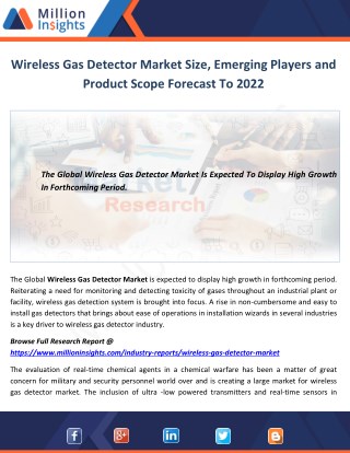 Wireless Gas Detector Market Size, Emerging Players and Product Scope Forecast To 2022