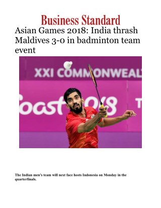 Asian Games 2018: India thrash Maldives 3-0 in badminton team eventÂ 