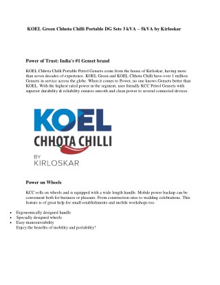 KOEL Green Chhota Chilli Portable DG Sets 3 kVA â€“ 5kVA by Kirloskar