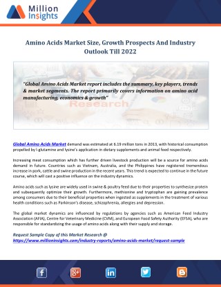 Amino Acids Market: In-depth Study by Key Reasons, Product Segments and Application to 2025