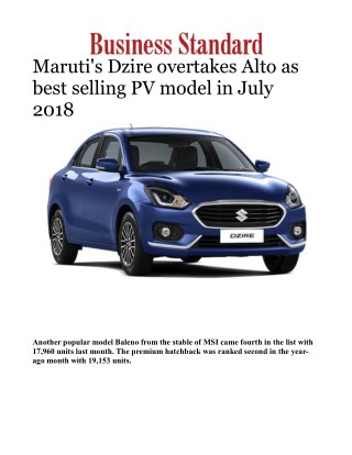 Maruti's Dzire overtakes Alto as best selling PV model in July 2018Â 