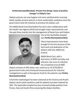 Partha Banerjee{Mumbai}- Private Firm Brings â€˜wave of positive changesâ€™ in Dialysis Care