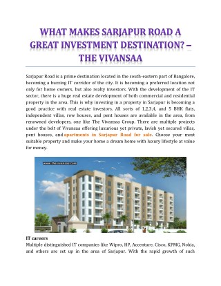 What Makes Sarjapur Road A Great Investment Destination? - The Vivansaa