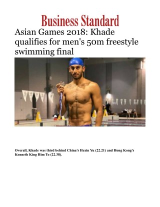Asian Games 2018: Virdhawal Khade qualifies men's 50m freestyle swimming finalÂ 