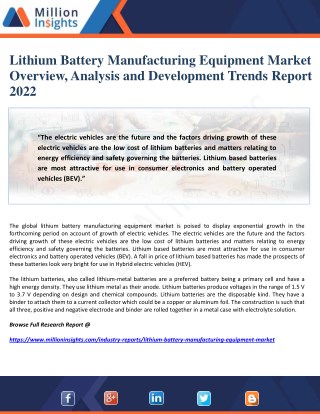 Lithium Battery Manufacturing Equipment Market Overview, Analysis and Development Trends Report 2022