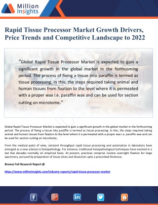 Rapid Tissue Processor Market Growth Drivers, Price Trends and Competitive Landscape to 2022