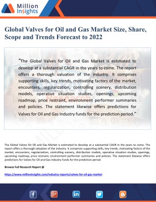 Global Valves for Oil and Gas Market Size, Share, Scope and Trends Forecast to 2022