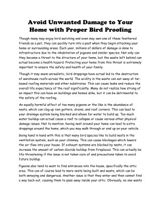 Avoid Unwanted Damage to Your Home with Proper Bird Proofing