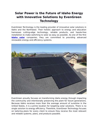 Solar Power is the Future of Idaho Energy with Innovative Solutions by EvenGreen Technology