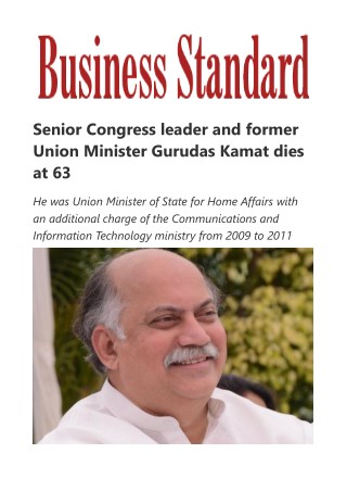 Senior Congress leader and former Union Minister Gurudas Kamat dies at 63