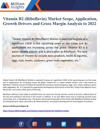 Vitamin B2 (Riboflavin) Market Scope, Application, Growth Drivers and Gross Margin Analysis to 2022