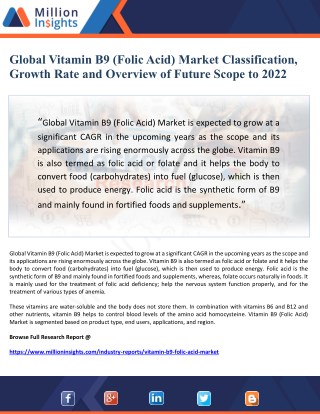 Global Vitamin B9 (Folic Acid) Market Classification, Growth Rate and Future Scope Overview to 2022